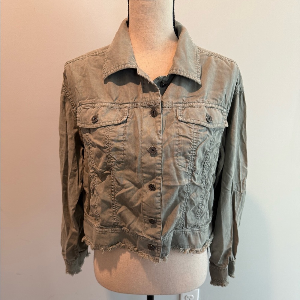 Anthropologie Marrakech Crop Moto Jacket Fringe Hem Women’s size XS Light Olive